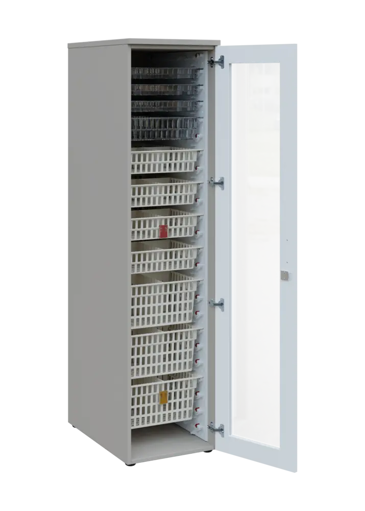 EUROMEDICA S - 46 skříň léková boxová, 1-dveřová/prosklená, pravá, 1950x460x735, korpus šedý, dvířka bílá